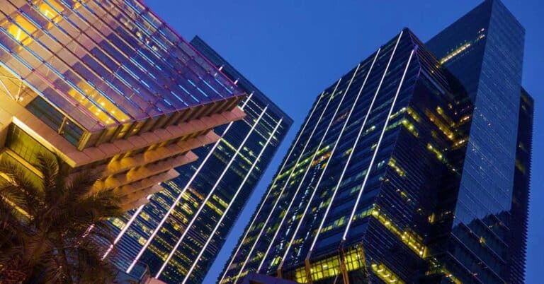 Night view of office buildings.