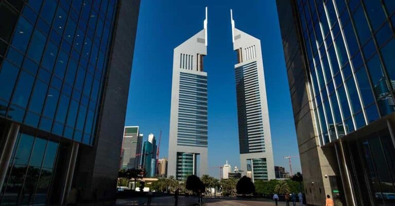 A view of two tower buildings in Dubai.