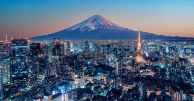 Tokyo skyline at dusk with Mount Fuji in background Japan