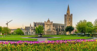A view of Dublin Cathedral and gardens
